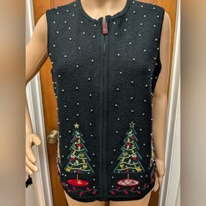 Christmas Vest Black with Corduroy Trees and Embroidered Accents Medium